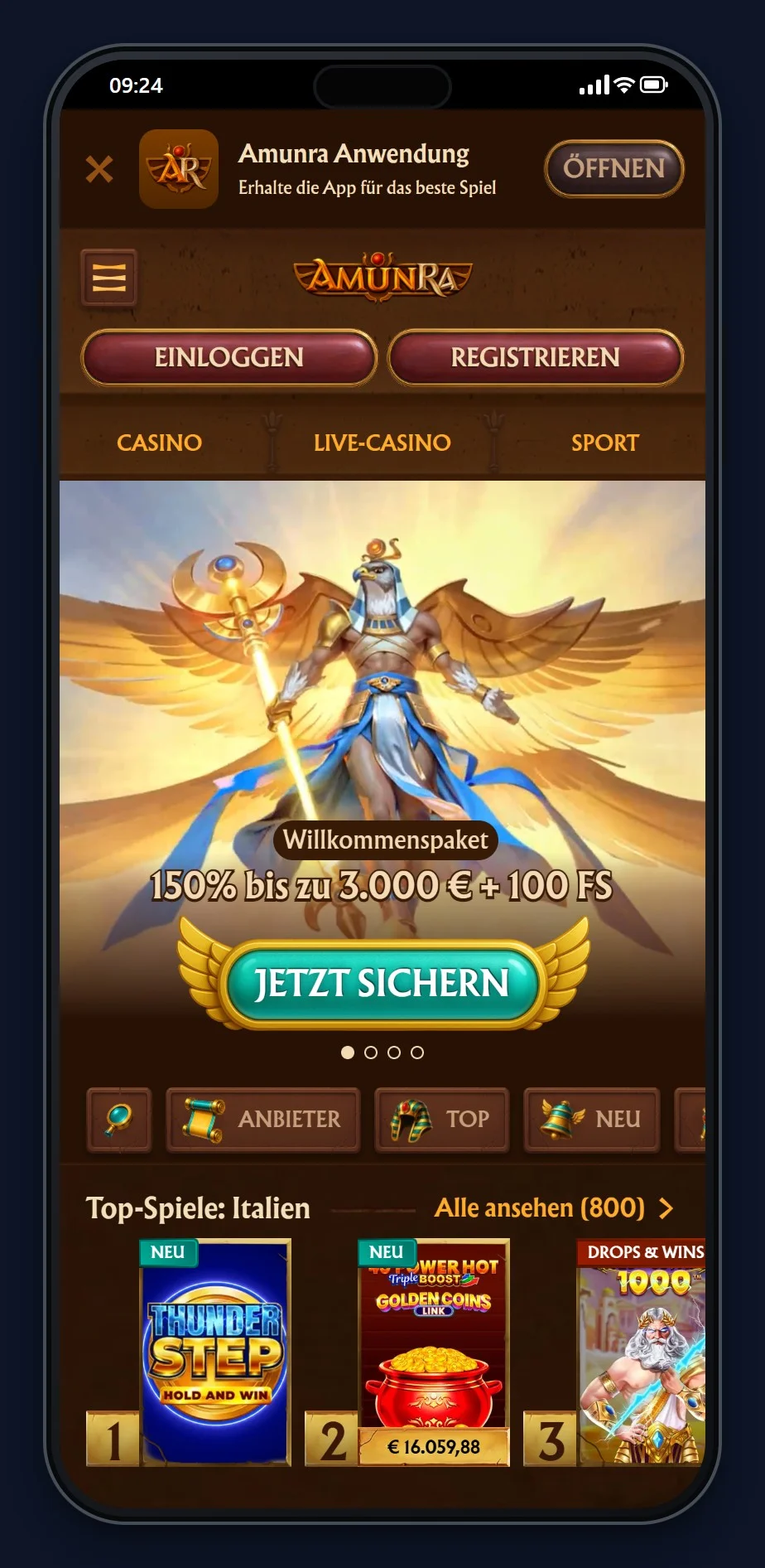 ethereum casino: die Startseite des Casinos AmunRa