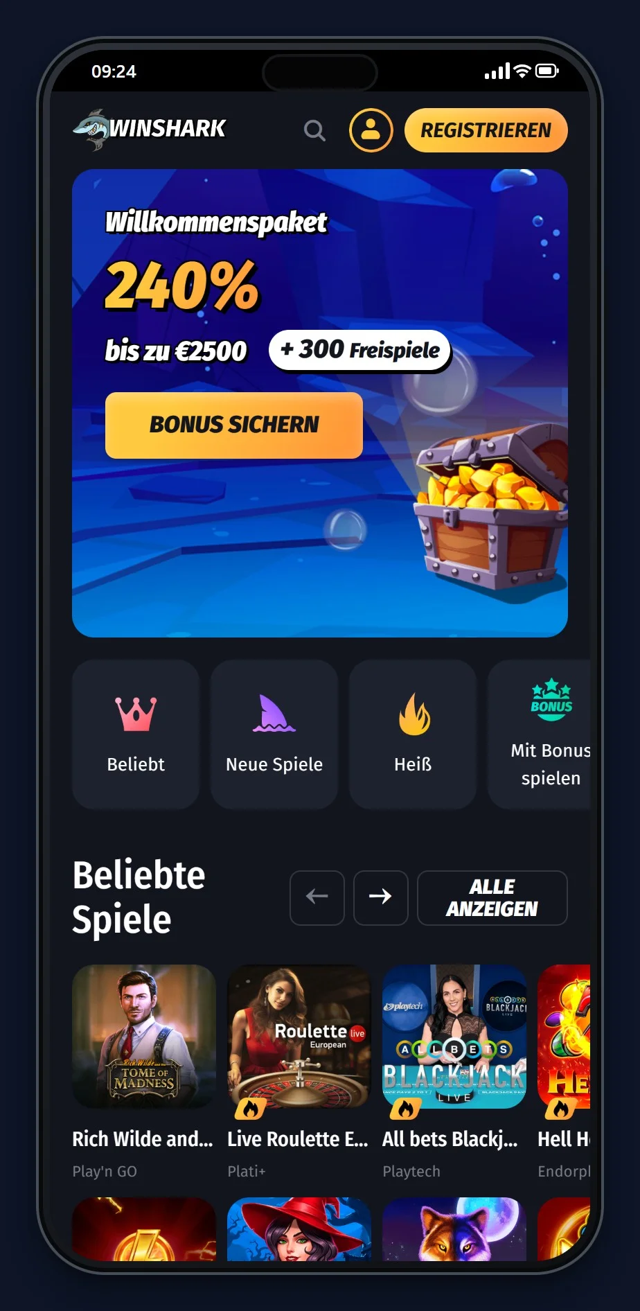 ethereum casinos: die Startseite des Casinos WinShark