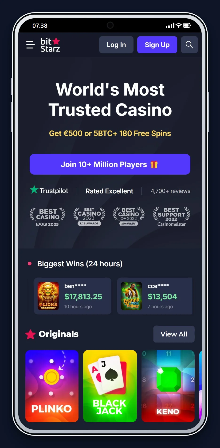 ethereum gambling: the BitStarz homepage