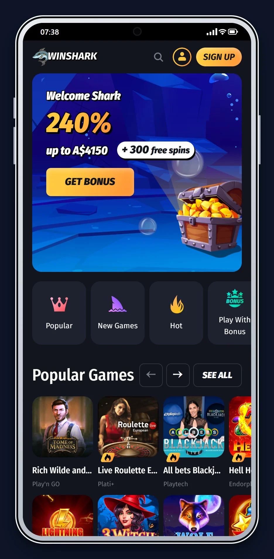 eth casino: the WinShark casino lobby