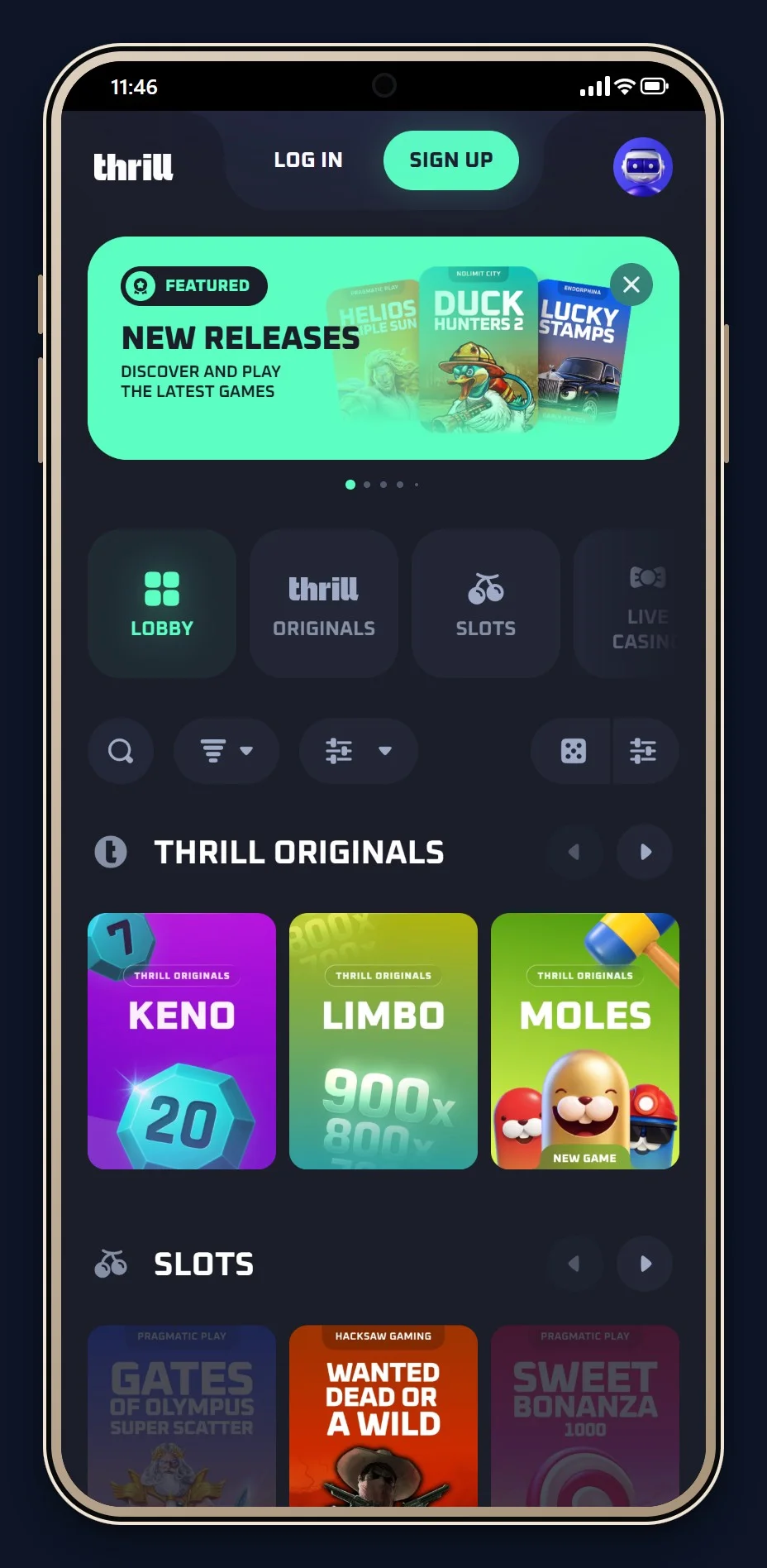 casino met ethereum: de lobby van Thrill
