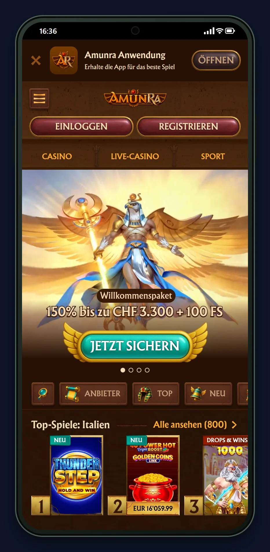 ethereum online casinos schweiz: die Startseite des Casinos AmunRa