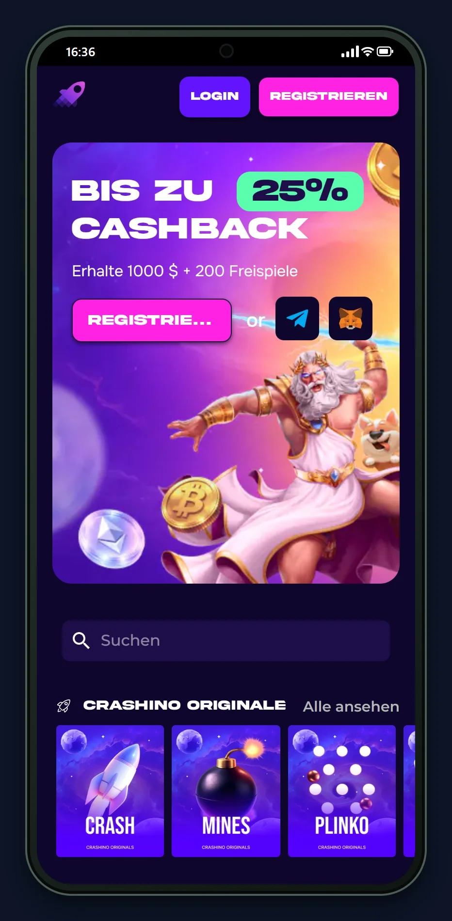 eth casino: die Startseite des Casinos Crashino