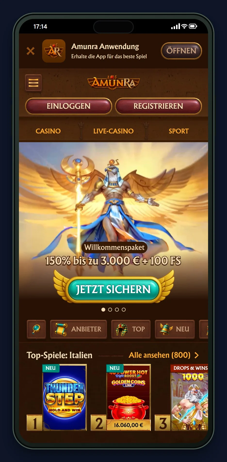 Ethereum Casino: die Startseite des Casinos AmunRa