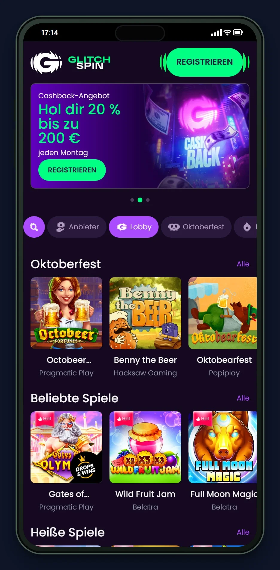 Casinos mit Ethereum: die Startseite des Casinos GlitchSpin