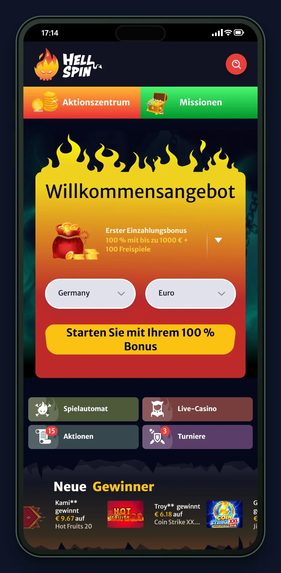 Ethereum Casinos: die Startseite des Casinos HellSpin