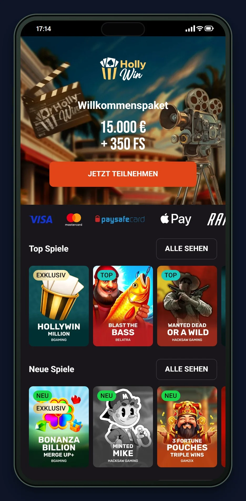 ETH Casino: die Startseite des Casinos Hollywin
