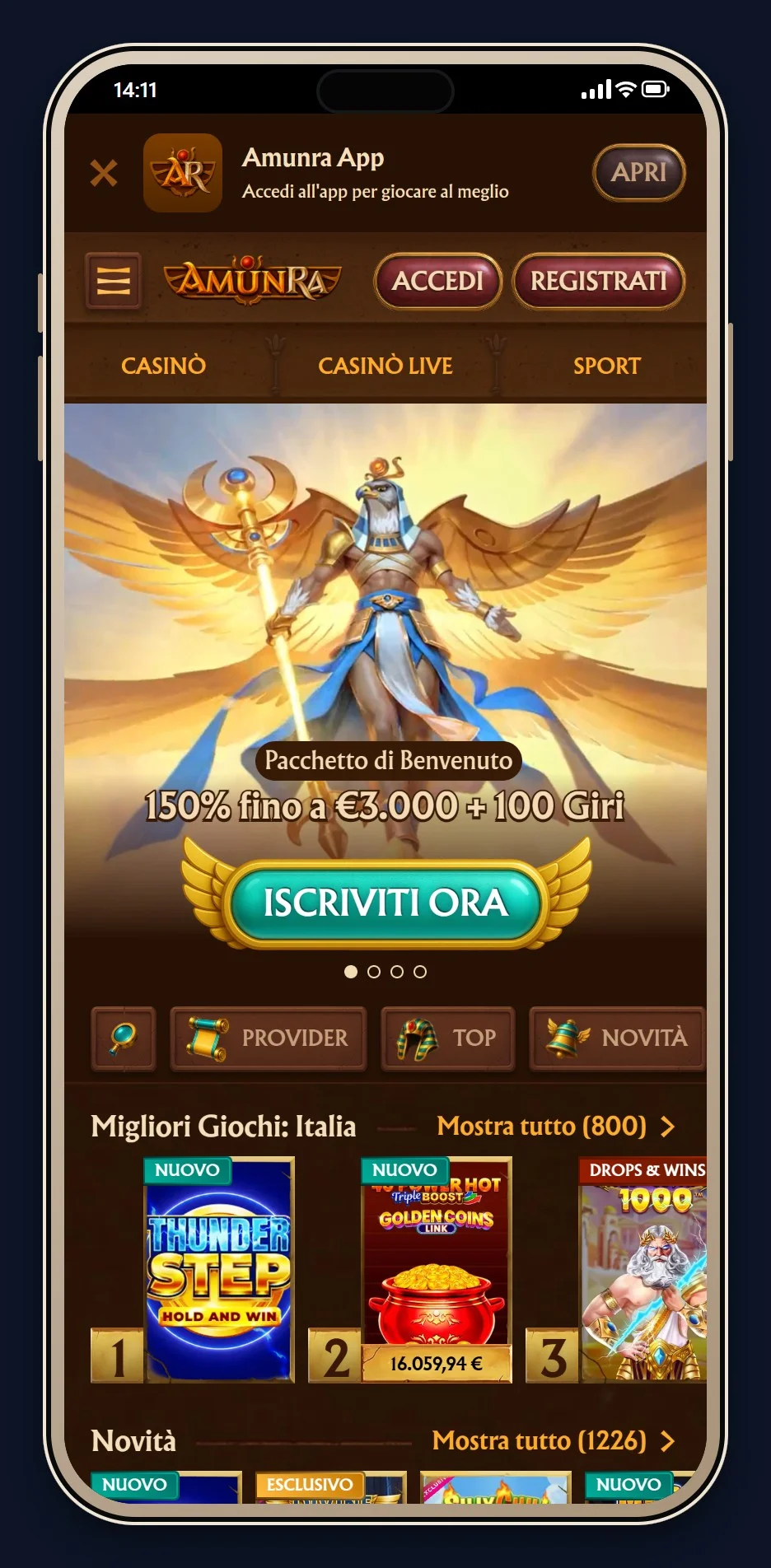 eth casino: la pagina principale di AmunRa