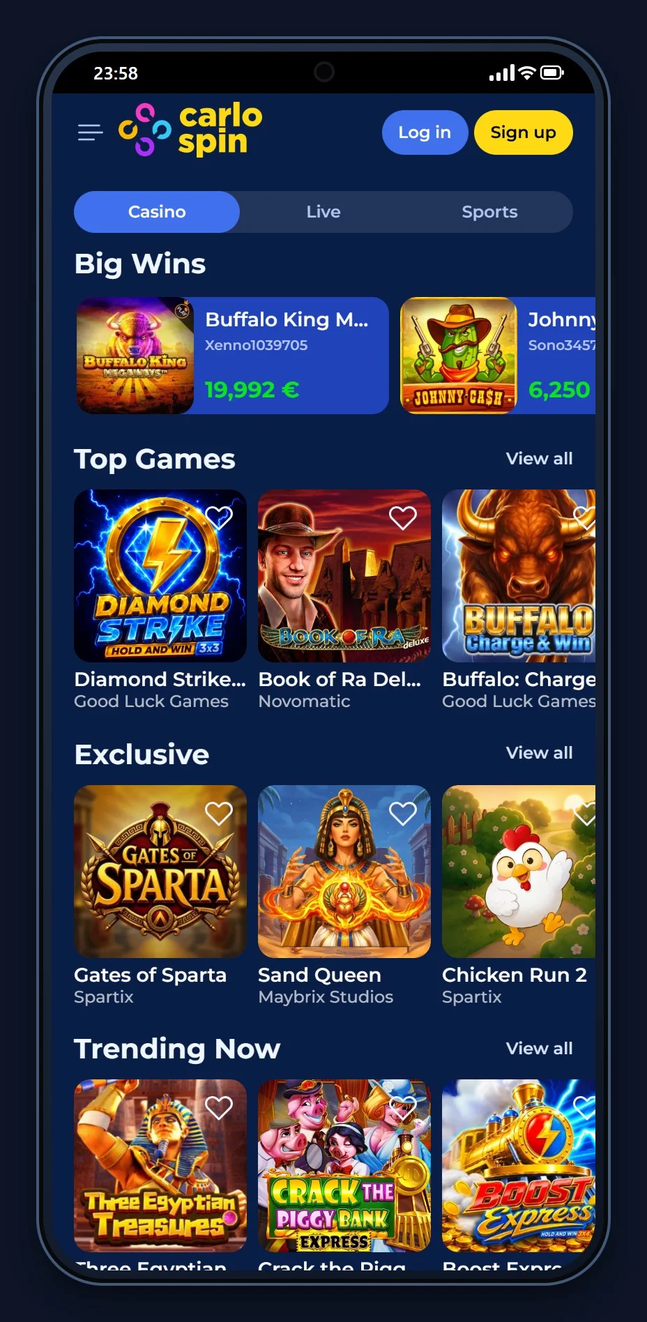 ethereum casino: de homepage van casino CarloSpin