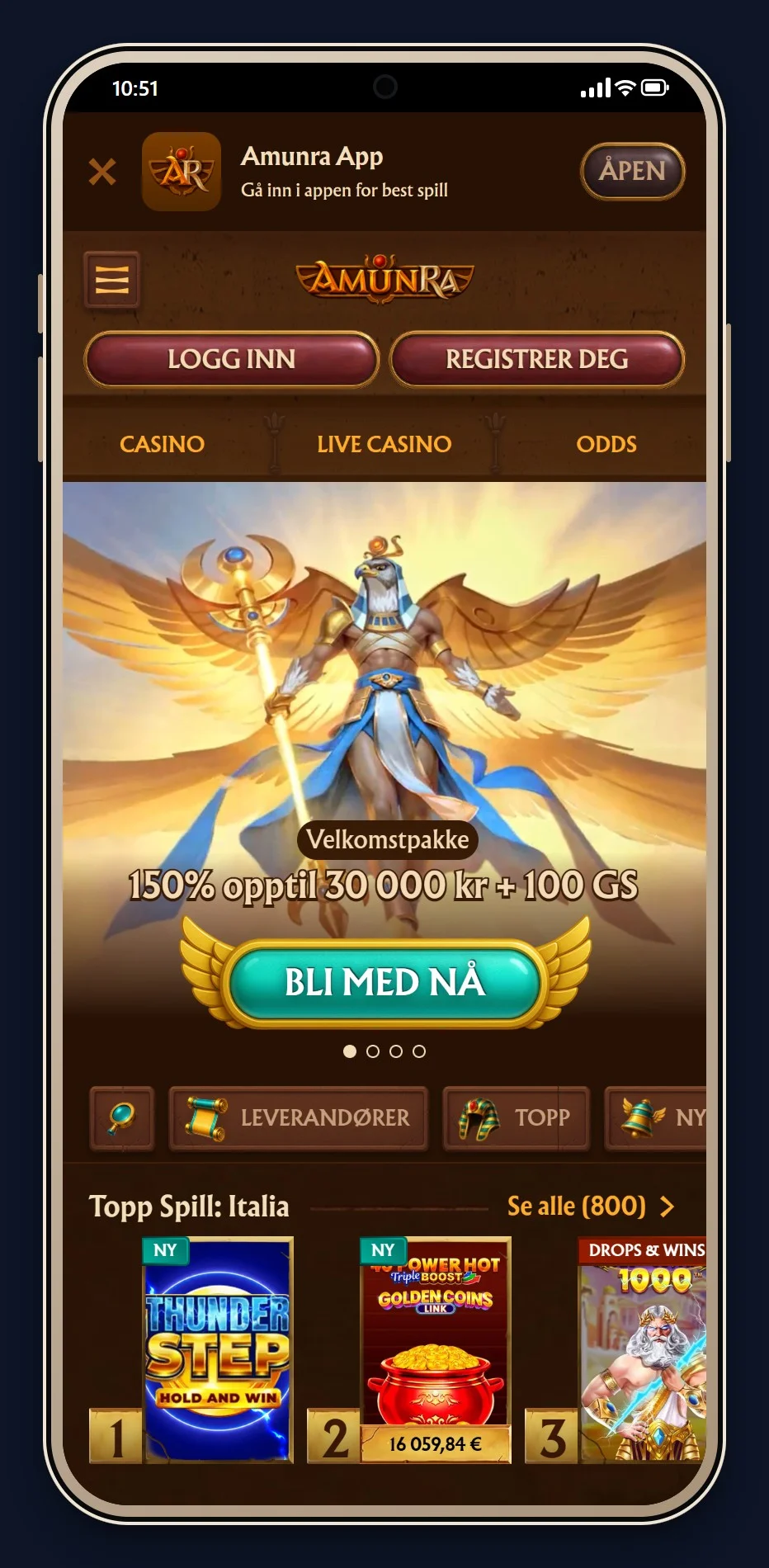 Ethereum casino: forsiden til casinoet AmunRa