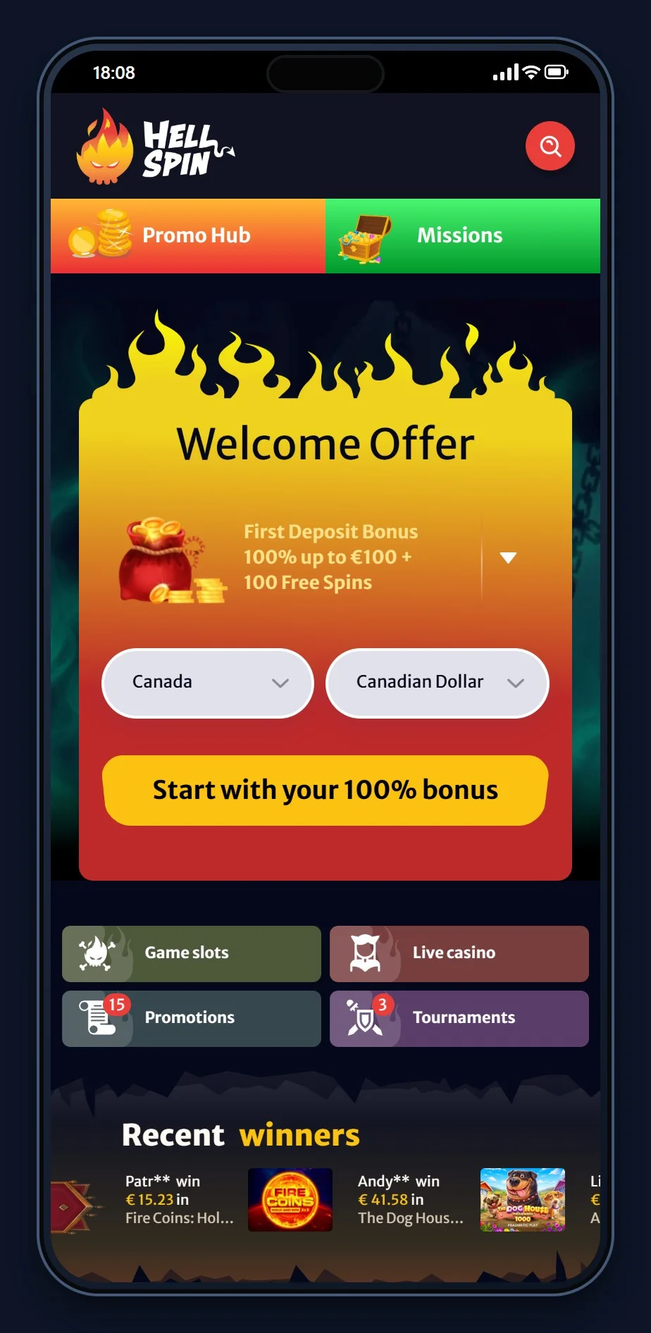 eth casino: the HellSpin casino lobby