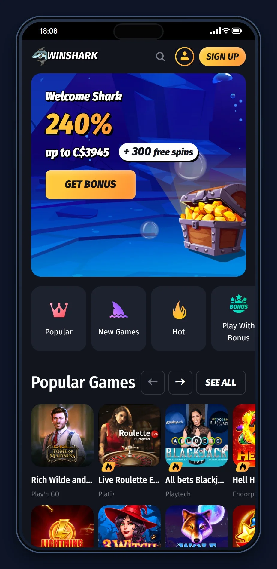 ethereum casinos: the WinShark casino lobby